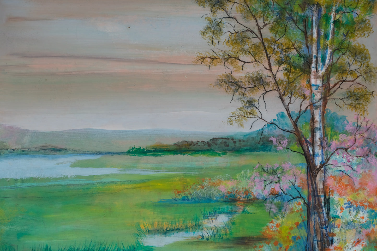 TORRES : Paysage au bouleau - Gouache et pastel signée