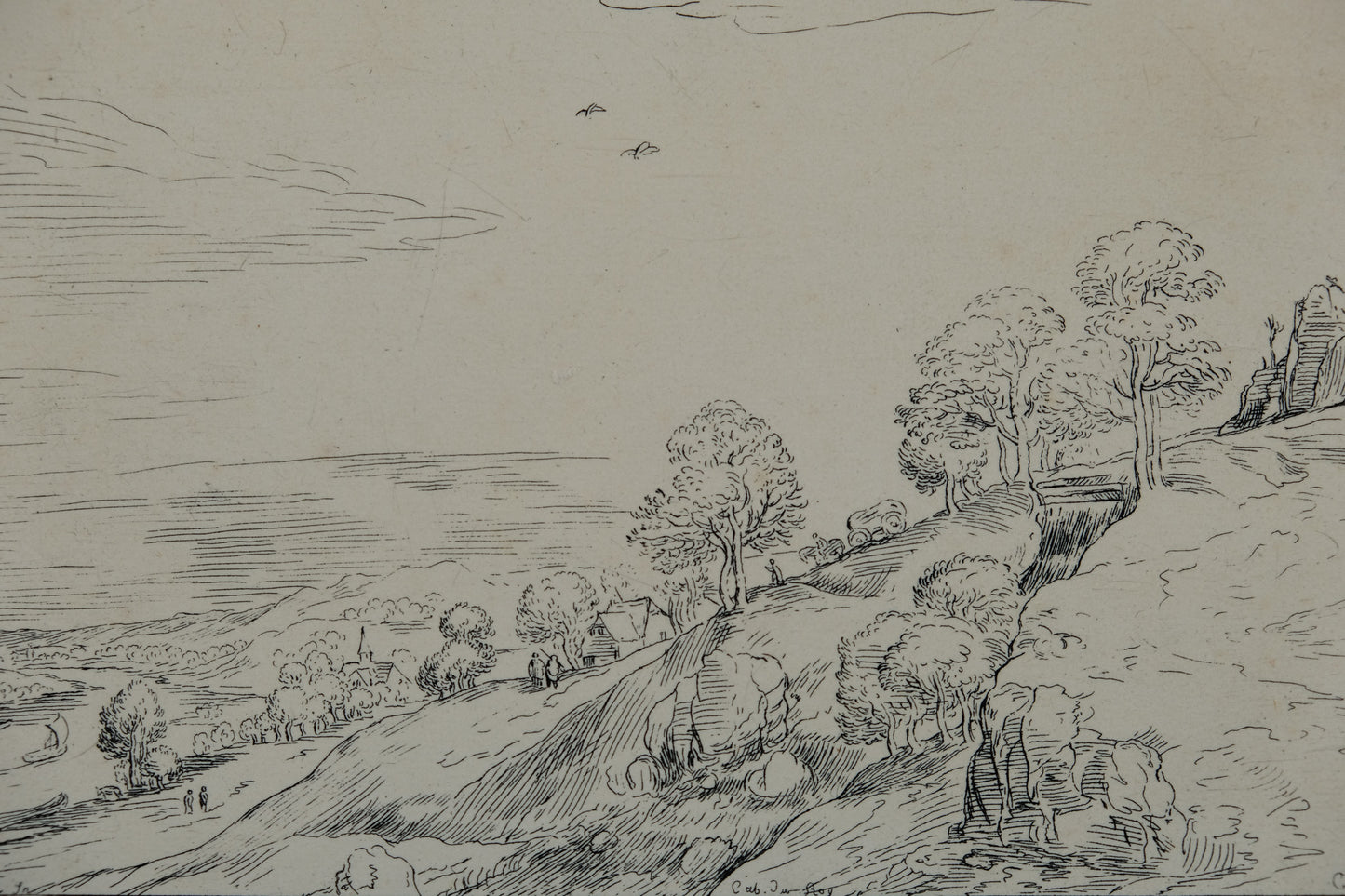 Pieter BRUEGHEL (l'ancien) : Paysage en bord de rivière - Gravure originale signée