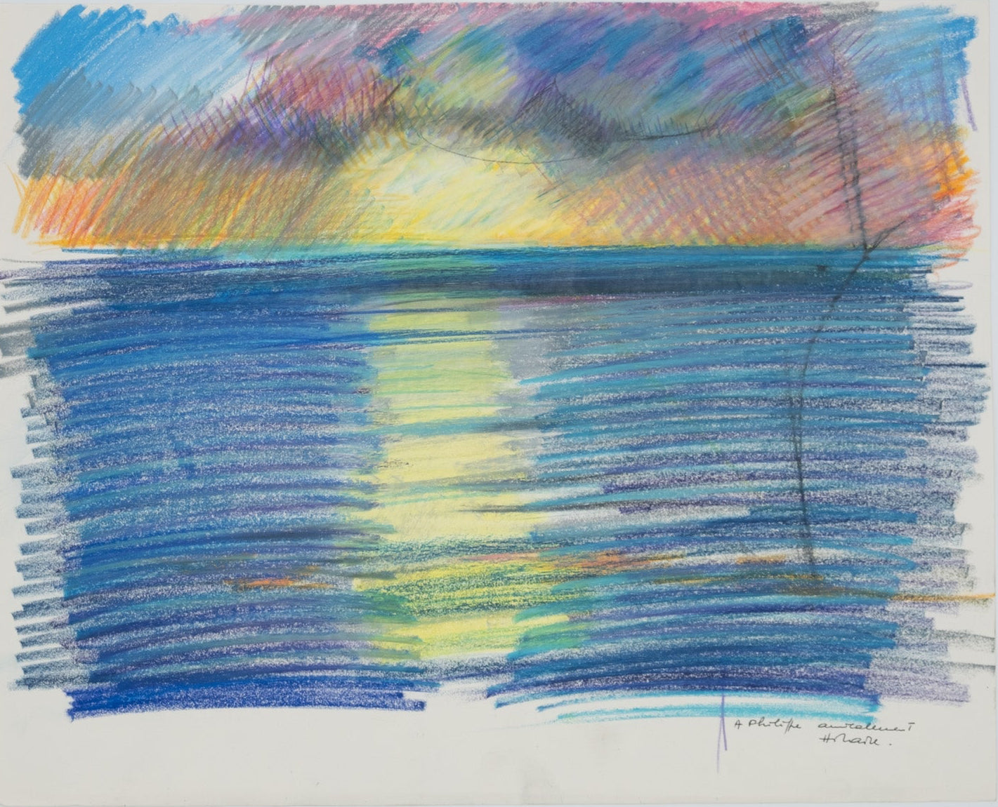 Camille HILAIRE : Le soir sur la mer - Pastel sur papier original signé et dédicacé