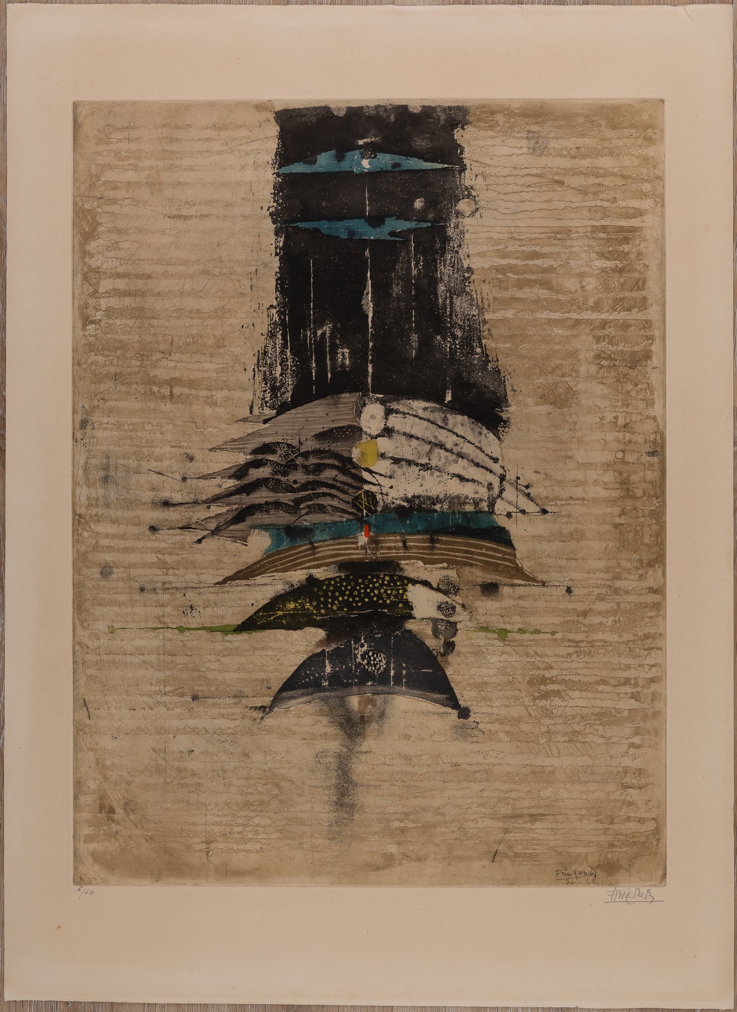 Johnny FRIEDLAENDER : Composition aux oiseaux bleus - Gravure originale signée