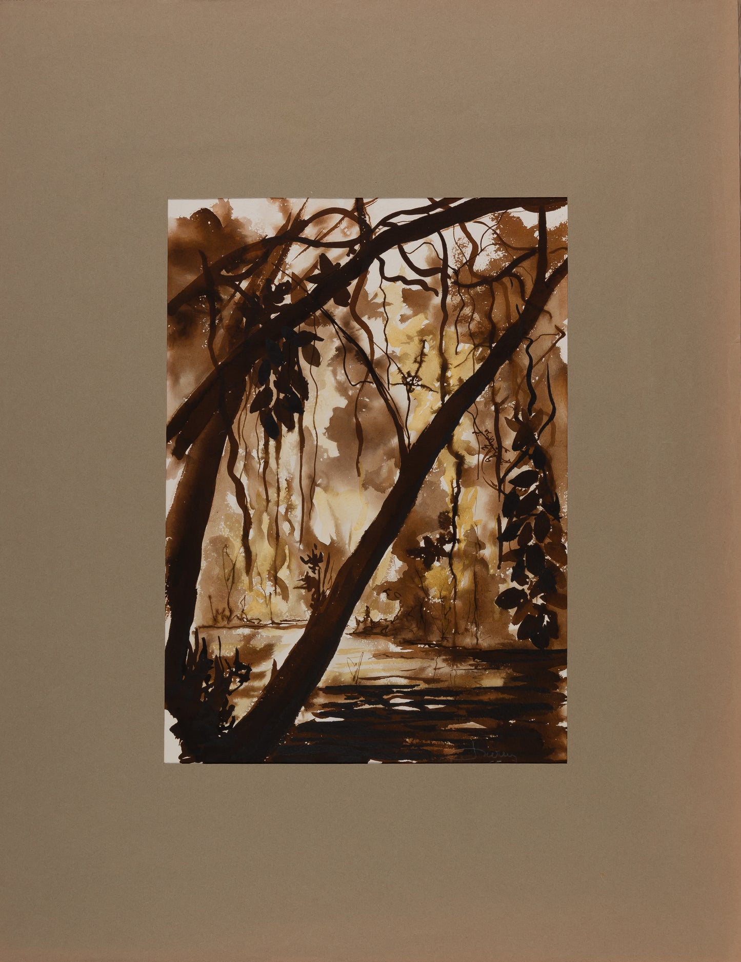 Jacques NOURY : Sous-bois en clair obscur - Aquarelle originale signée