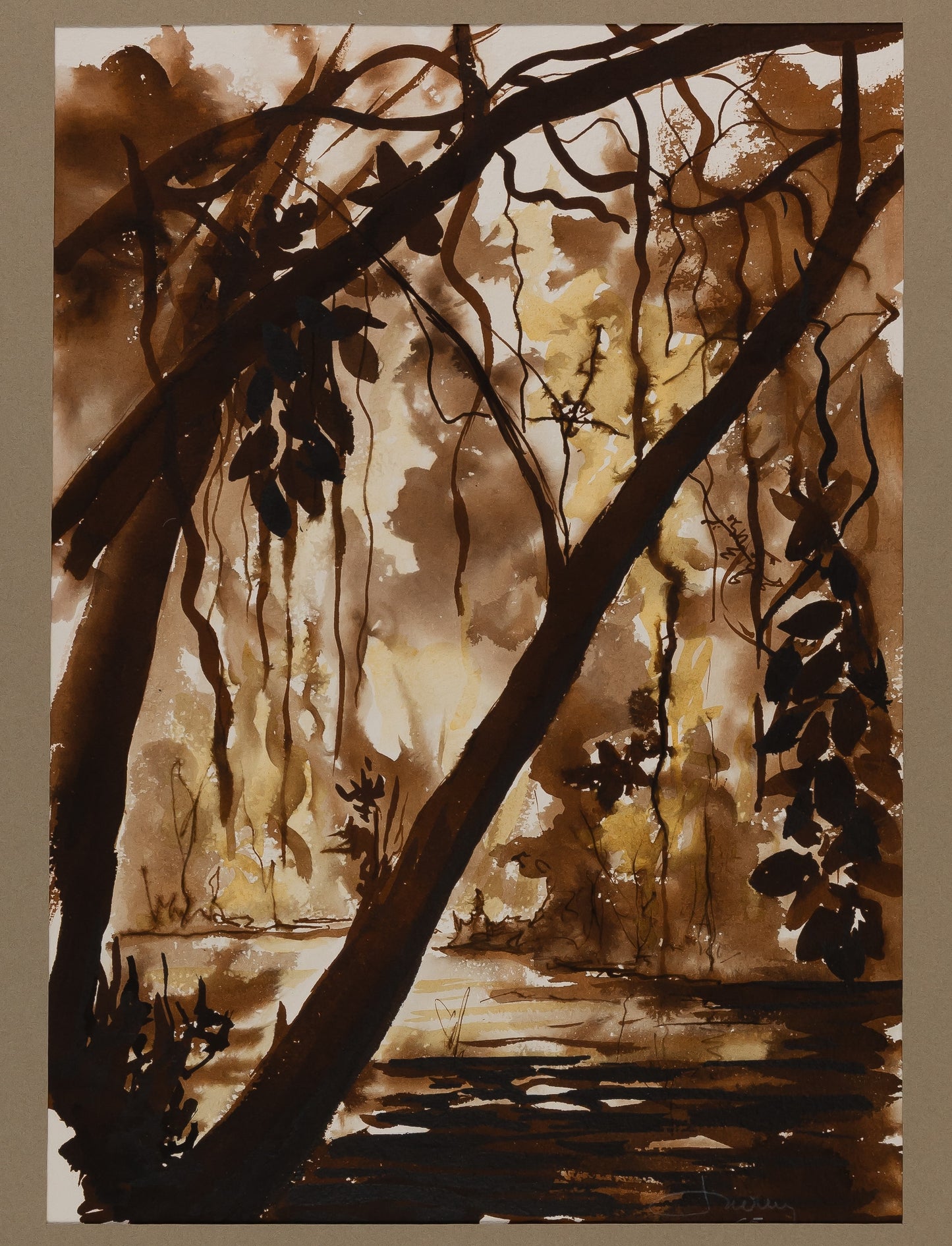 Jacques NOURY : Sous-bois en clair obscur - Aquarelle originale signée