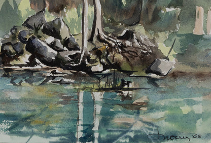 Jacques NOURY : Arbres au bord de la rivière - Aquarelle originale signée