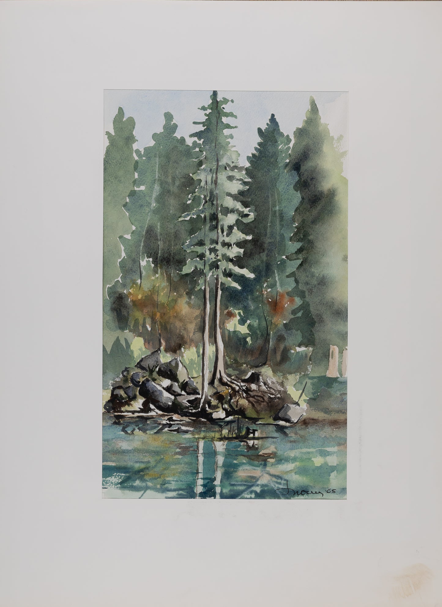 Jacques NOURY : Arbres au bord de la rivière - Aquarelle originale signée