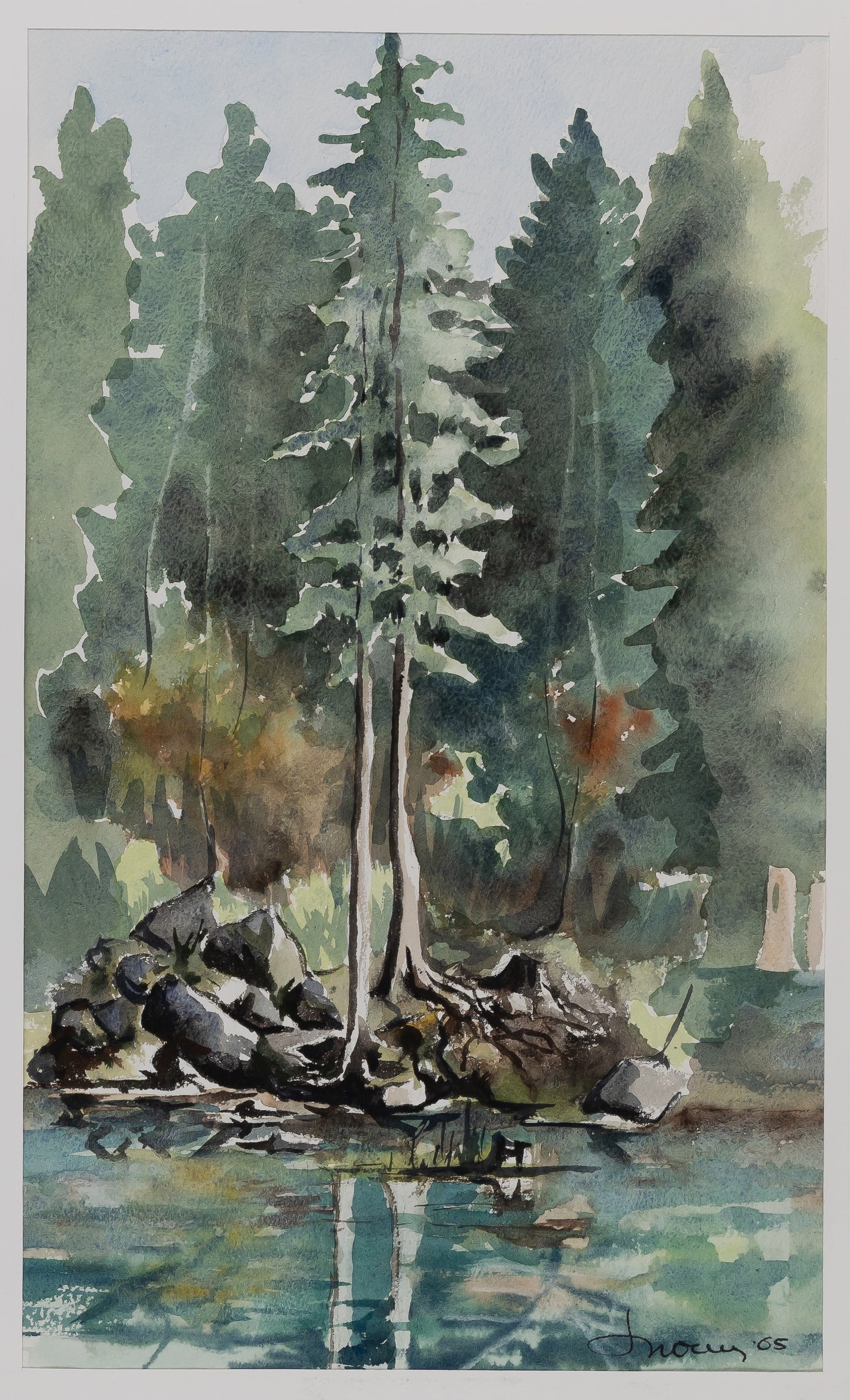 Jacques NOURY : Arbres au bord de la rivière - Aquarelle originale signée
