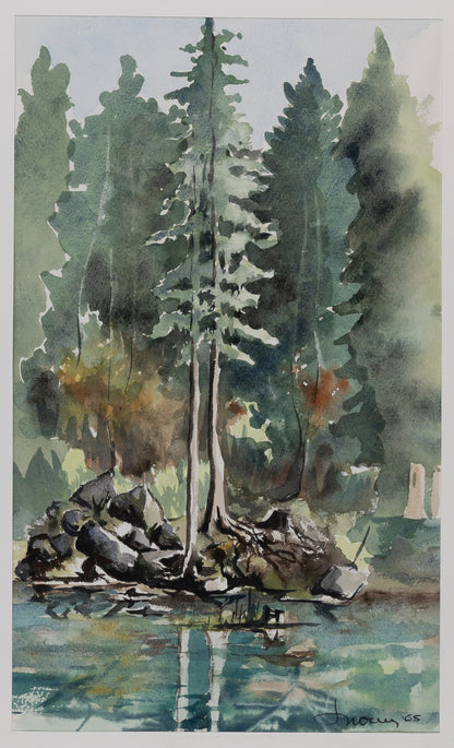 Jacques NOURY : Arbres au bord de la rivière - Aquarelle originale signée