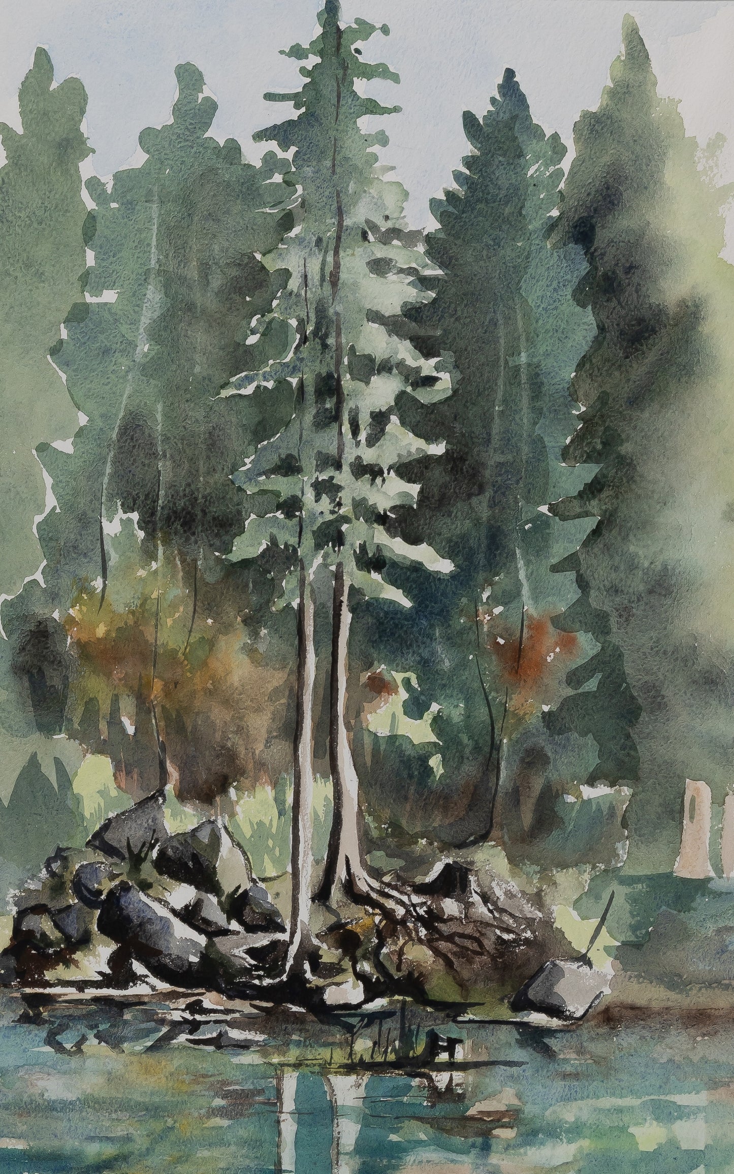 Jacques NOURY : Arbres au bord de la rivière - Aquarelle originale signée