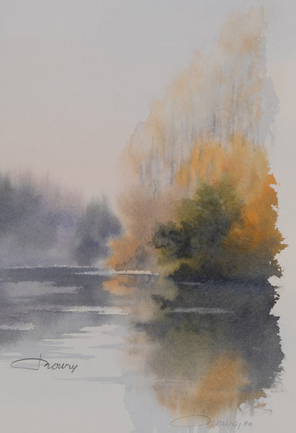 Jacques NOURY : Reflets au bord du lac - Aquarelle originale signée