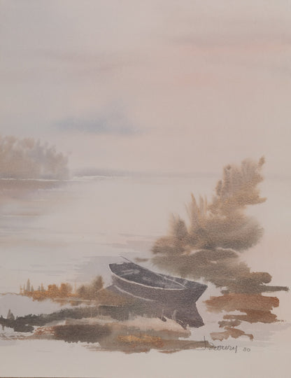 Jacques NOURY : La barque au bord du lac - Aquarelle originale signée