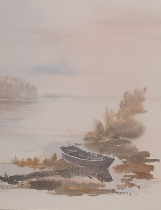 Jacques NOURY : La barque au bord du lac - Aquarelle originale signée