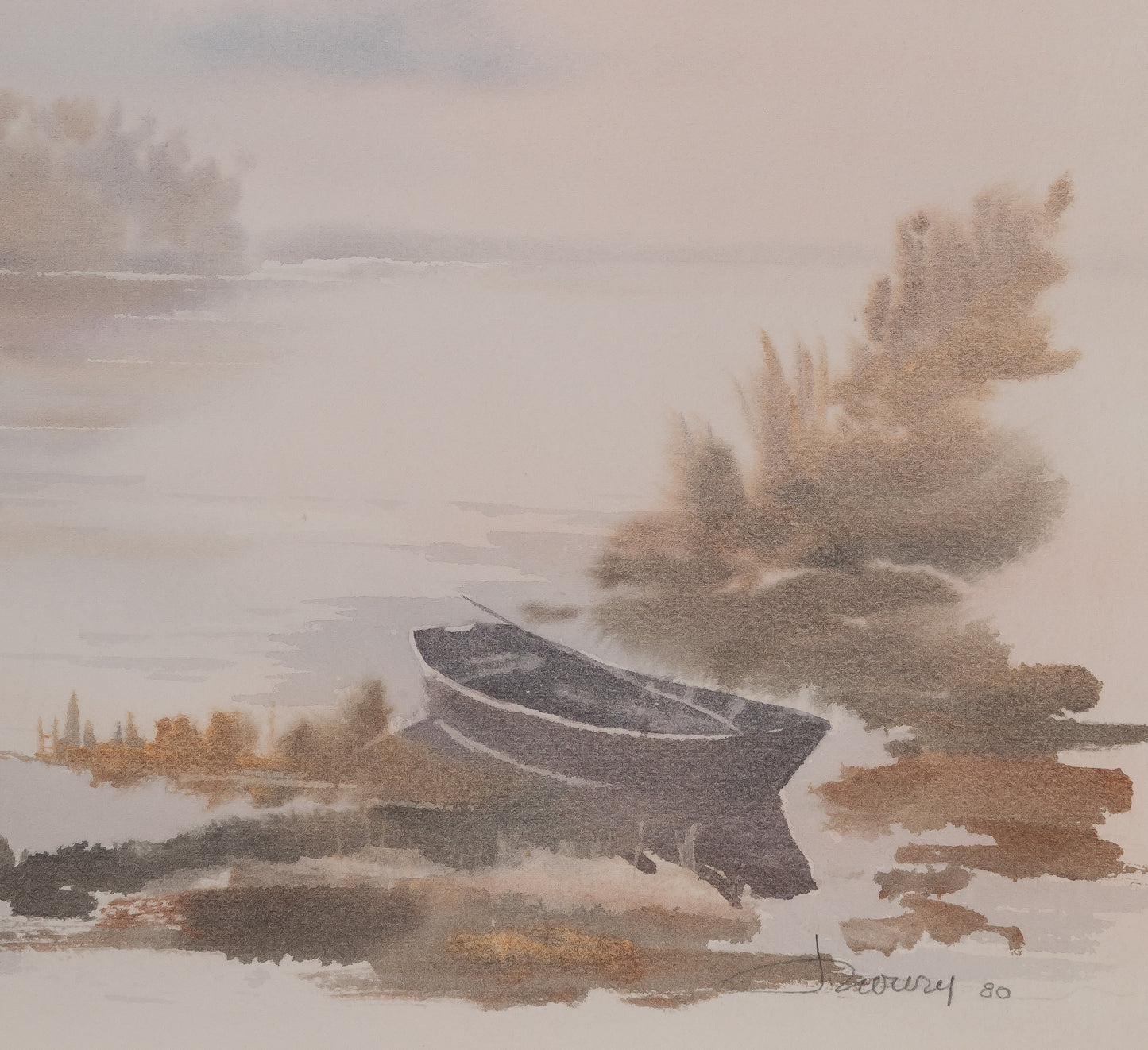 Jacques NOURY : La barque au bord du lac - Aquarelle originale signée