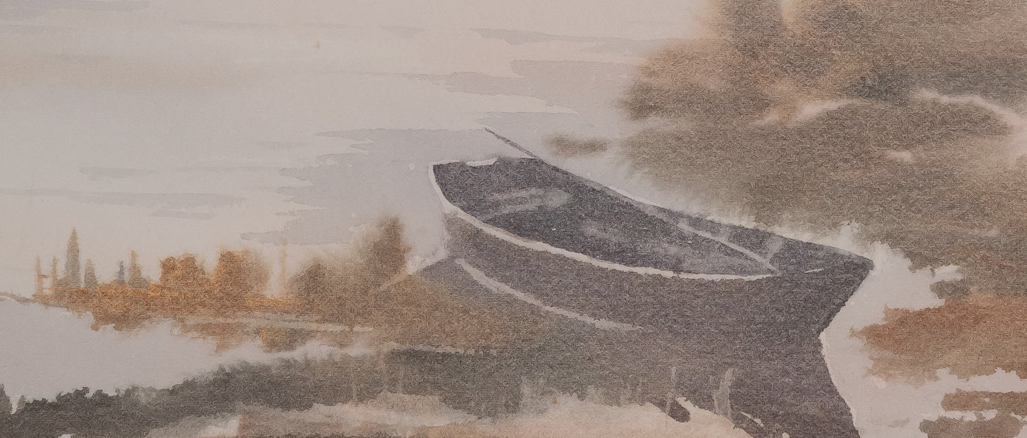Jacques NOURY : La barque au bord du lac - Aquarelle originale signée
