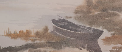 Jacques NOURY : La barque au bord du lac - Aquarelle originale signée