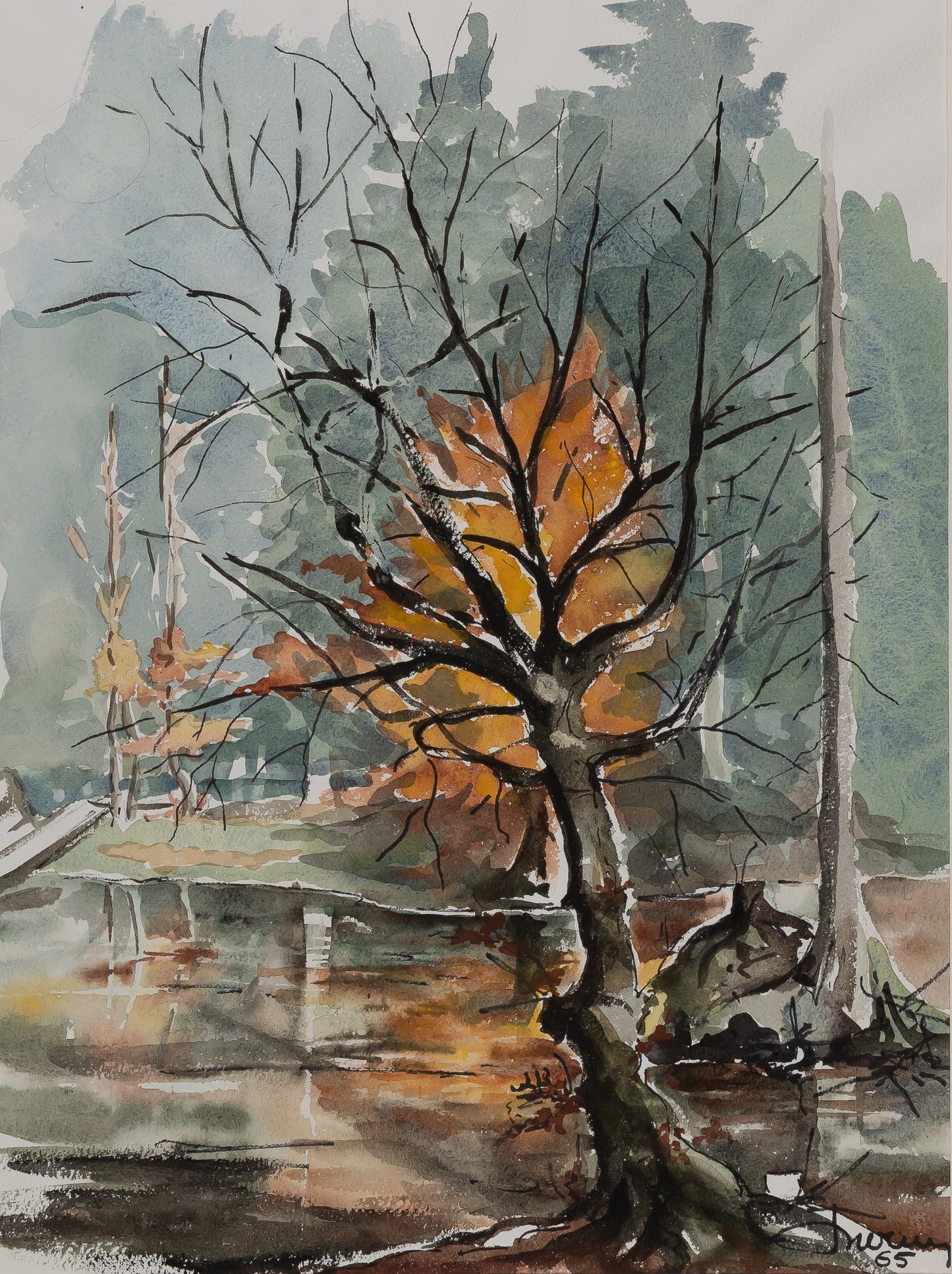 Jacques NOURY : Reflets d'arbres - Aquarelle originale signée