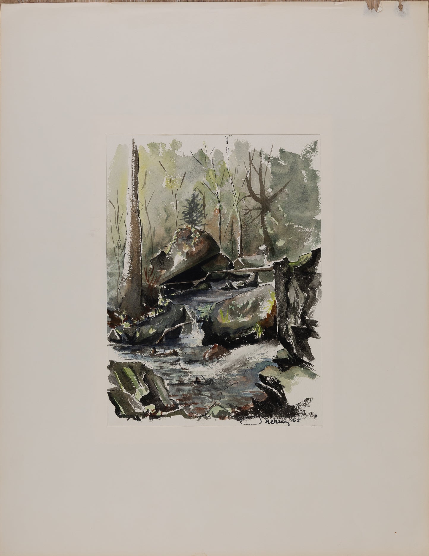 Jacques NOURY : Cours d'eau en forêt - Aquarelle originale signée
