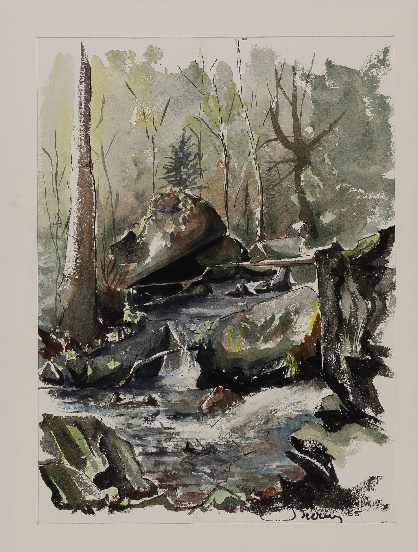 Jacques NOURY : Cours d'eau en forêt - Aquarelle originale signée