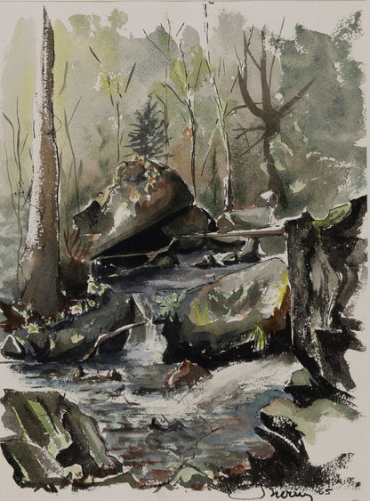 Jacques NOURY : Cours d'eau en forêt - Aquarelle originale signée