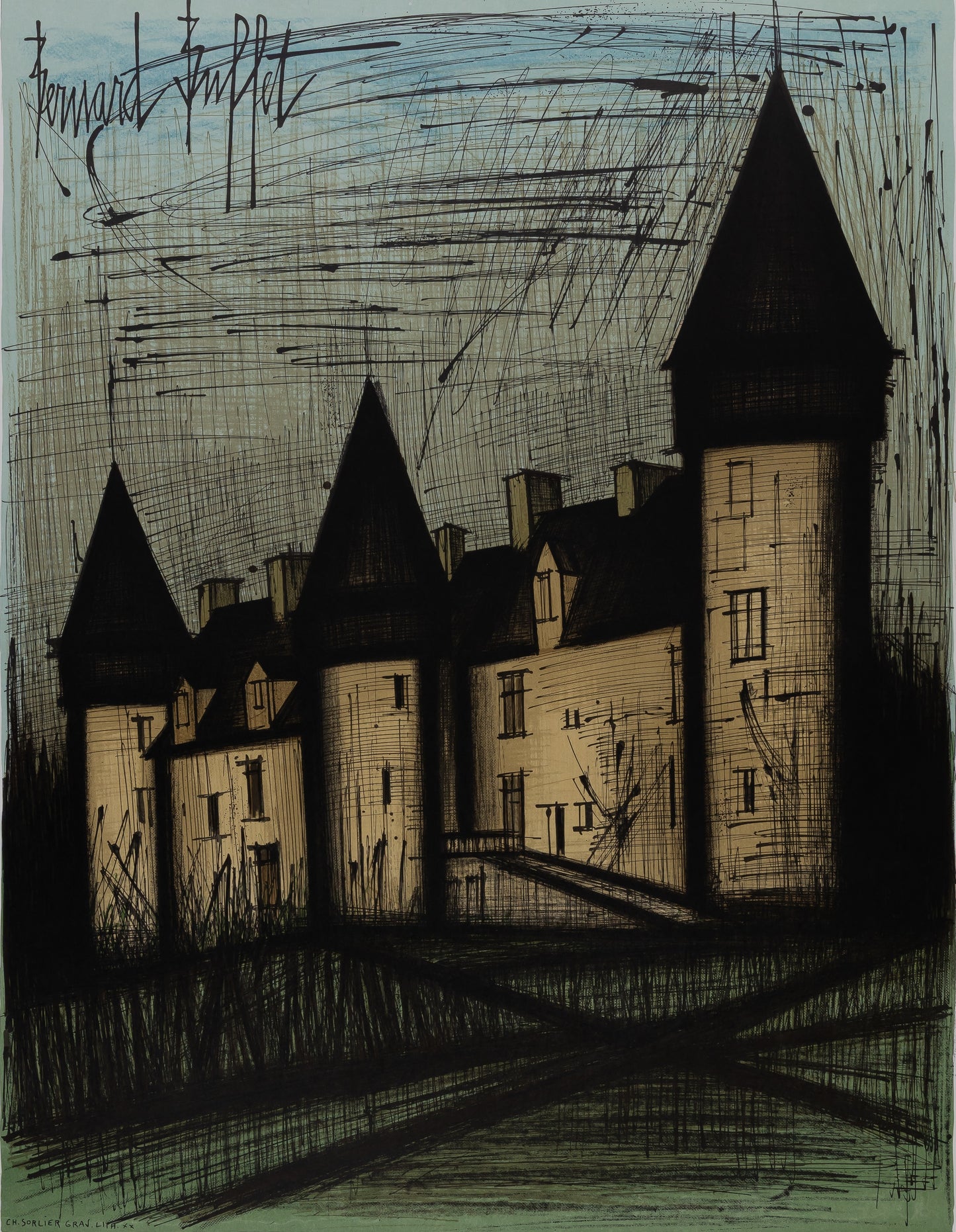 Bernard BUFFET : Château de Culan - Lithographie originale signée