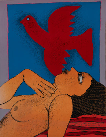 Guillaume CORNEILLE : Femme à l'oiseau rouge - Lithographie originale signée et dédicacée