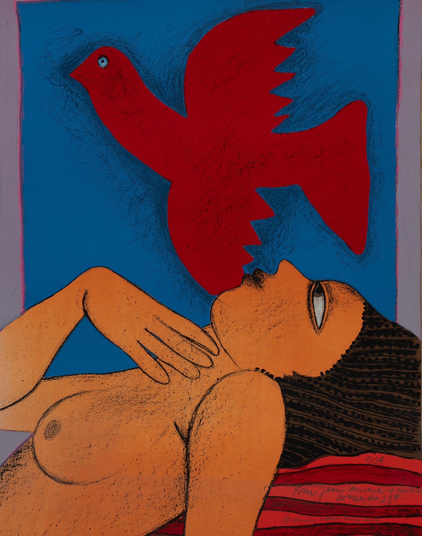 Guillaume CORNEILLE : Femme à l'oiseau rouge - Lithographie originale signée et dédicacée