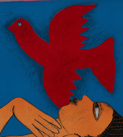 Guillaume CORNEILLE : Femme à l'oiseau rouge - Lithographie originale signée et dédicacée