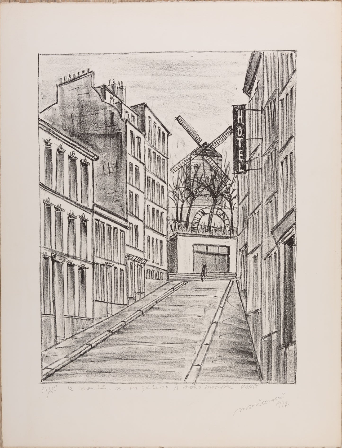Angelo MOZZICONACCI : Le moulin de la Galette à Montmartre - Lithographie originale signée