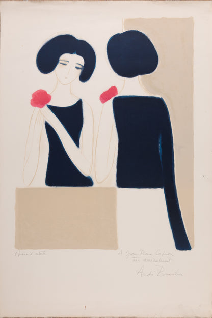 André BRASILIER : Jeune femme au miroir - Lithographie originale signée et dédicacée