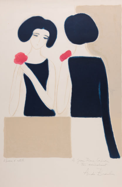 André BRASILIER : Jeune femme au miroir - Lithographie originale signée et dédicacée