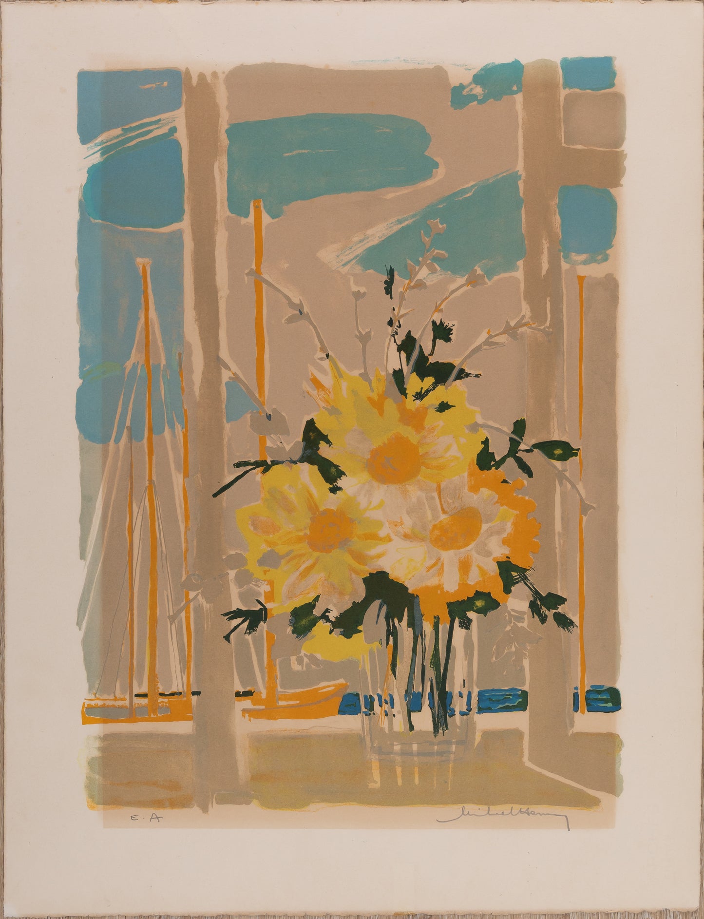 Michel HENRY : Bouquet de fleurs jaunes - Lithographie originale signée