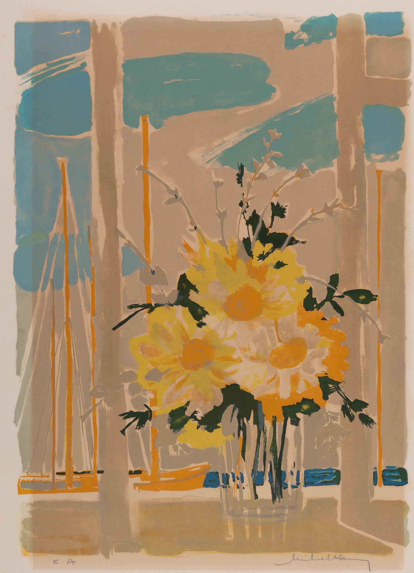 Michel HENRY : Bouquet de fleurs jaunes - Lithographie originale signée