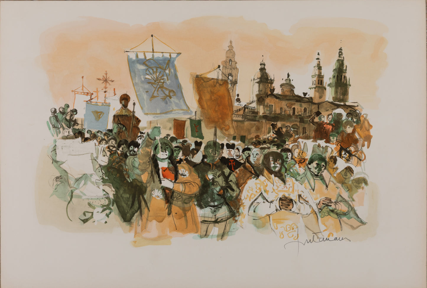 Lucien FONTANAROSA : Procession religieuse en Espagne - Lithographie originale signée