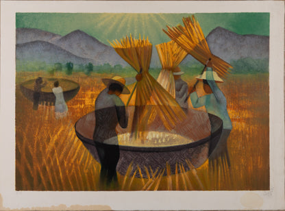 Louis TOFFOLI : Batteurs de riz en Thaïlande - Lithographie originale signée