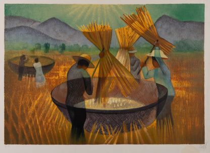 Louis TOFFOLI : Batteurs de riz en Thaïlande - Lithographie originale signée