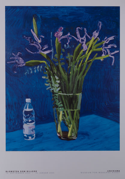 David HOCKNEY : Iris Flowers with Evian bottle - Affiche originale en couleurs