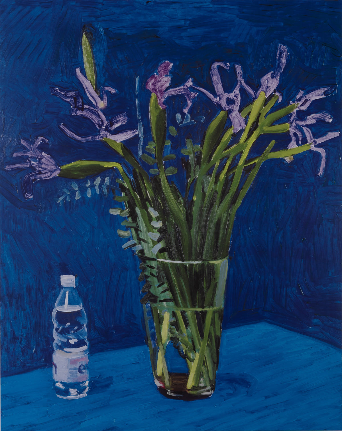 David HOCKNEY : Iris Flowers with Evian bottle - Affiche originale en couleurs