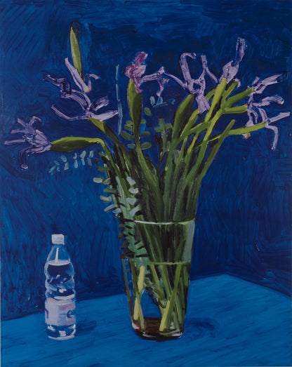 David HOCKNEY : Iris Flowers with Evian bottle - Affiche originale en couleurs