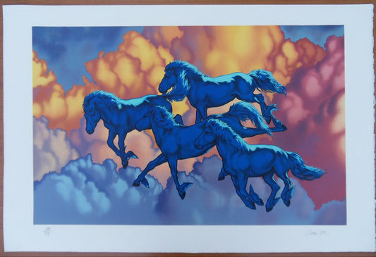 Michel BEZ : Les chevaux bleus - Lithographie originale signée