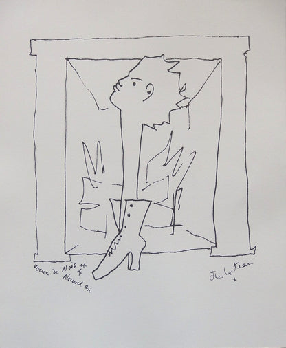 Jean COCTEAU : Voeux, Homme chaussure - Lithographie signée
