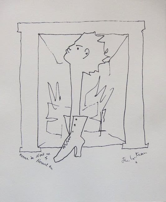 Jean COCTEAU : Voeux, Homme chaussure - Lithographie signée