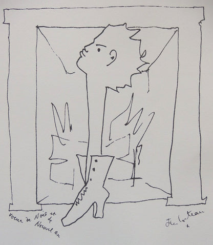 Jean COCTEAU : Voeux, Homme chaussure - Lithographie signée