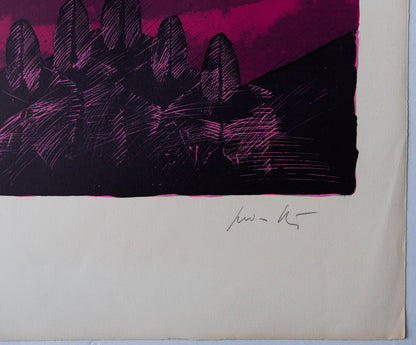 Cesare PEVERELLI : Champ de vitres roses  - Lithographie originale signée