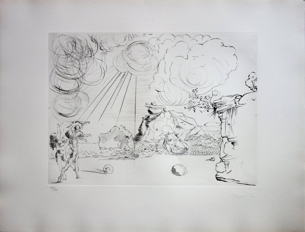 Salvador DALI : Plage à Cadaques - Pointe sèche originale signée