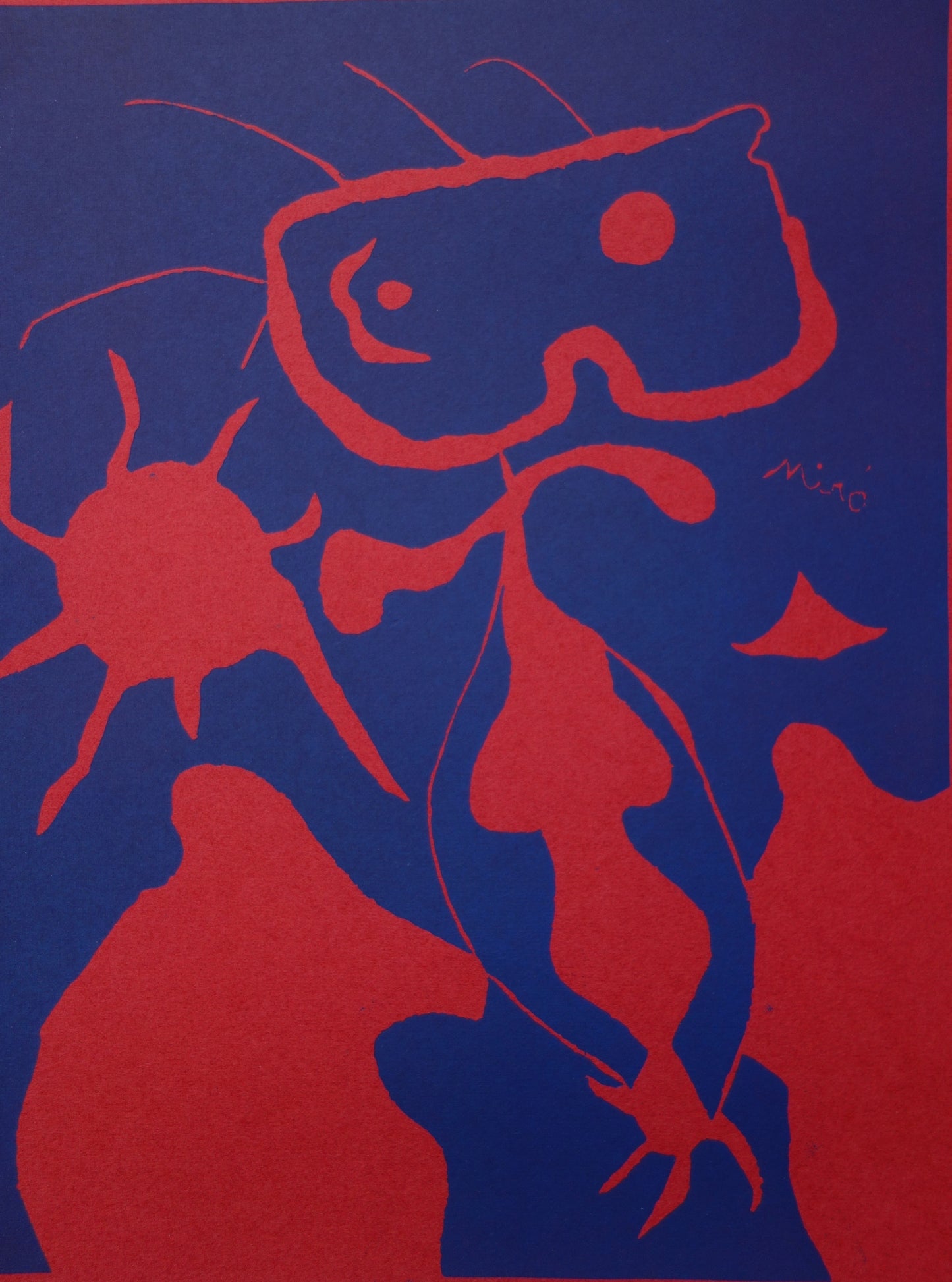 Joan MIRO : Homme au soleil rouge - Linogravure originale signée
