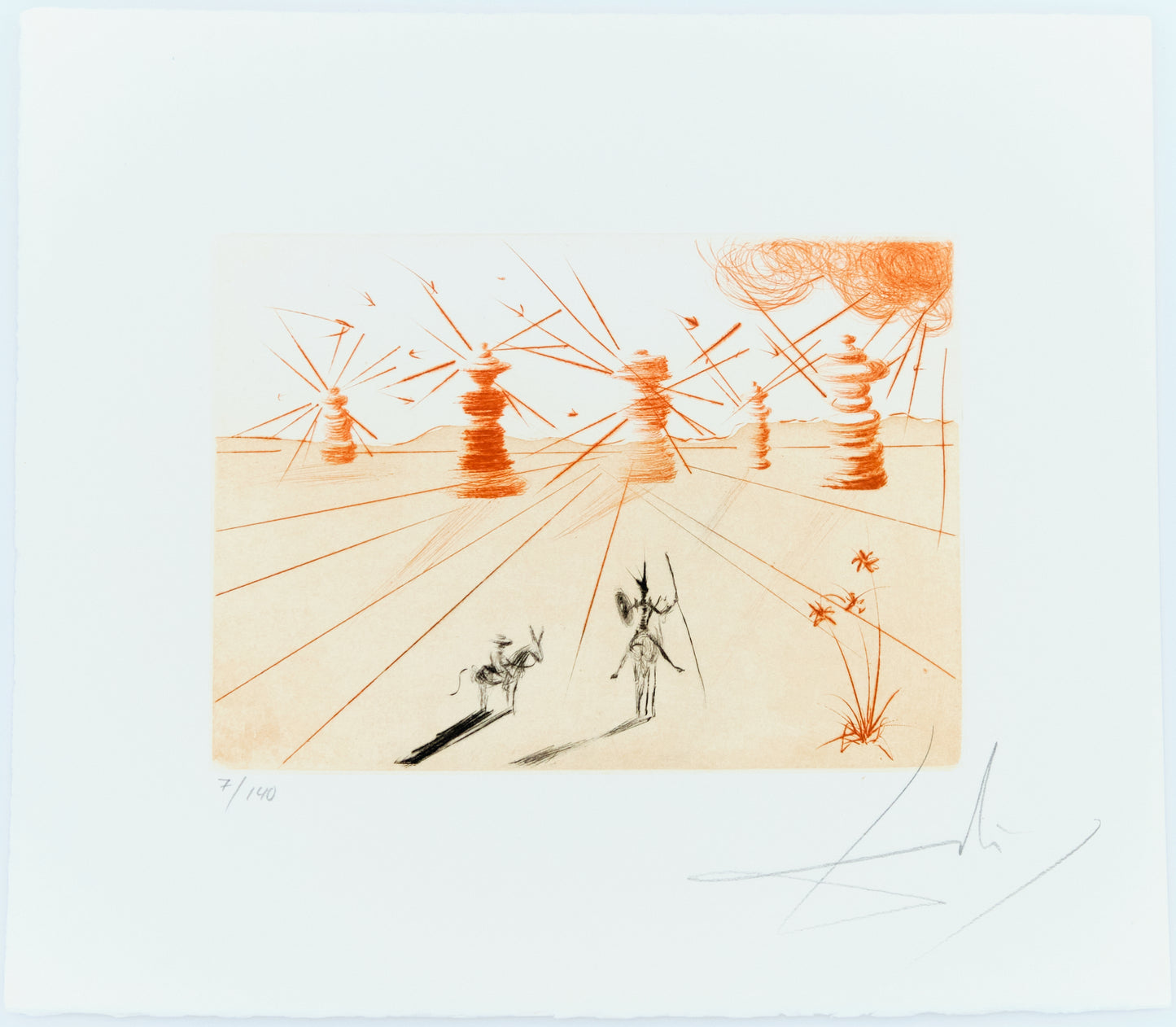 Salvador DALI : Don Quichotte et les moulins à vent - Gravure originale signée
