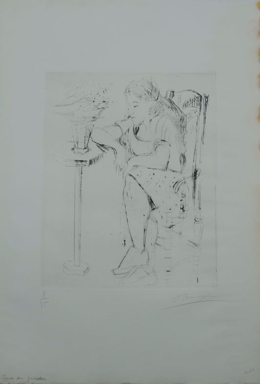 François DESNOYER : La femme accoudée au guéridon - Gravure originale signée