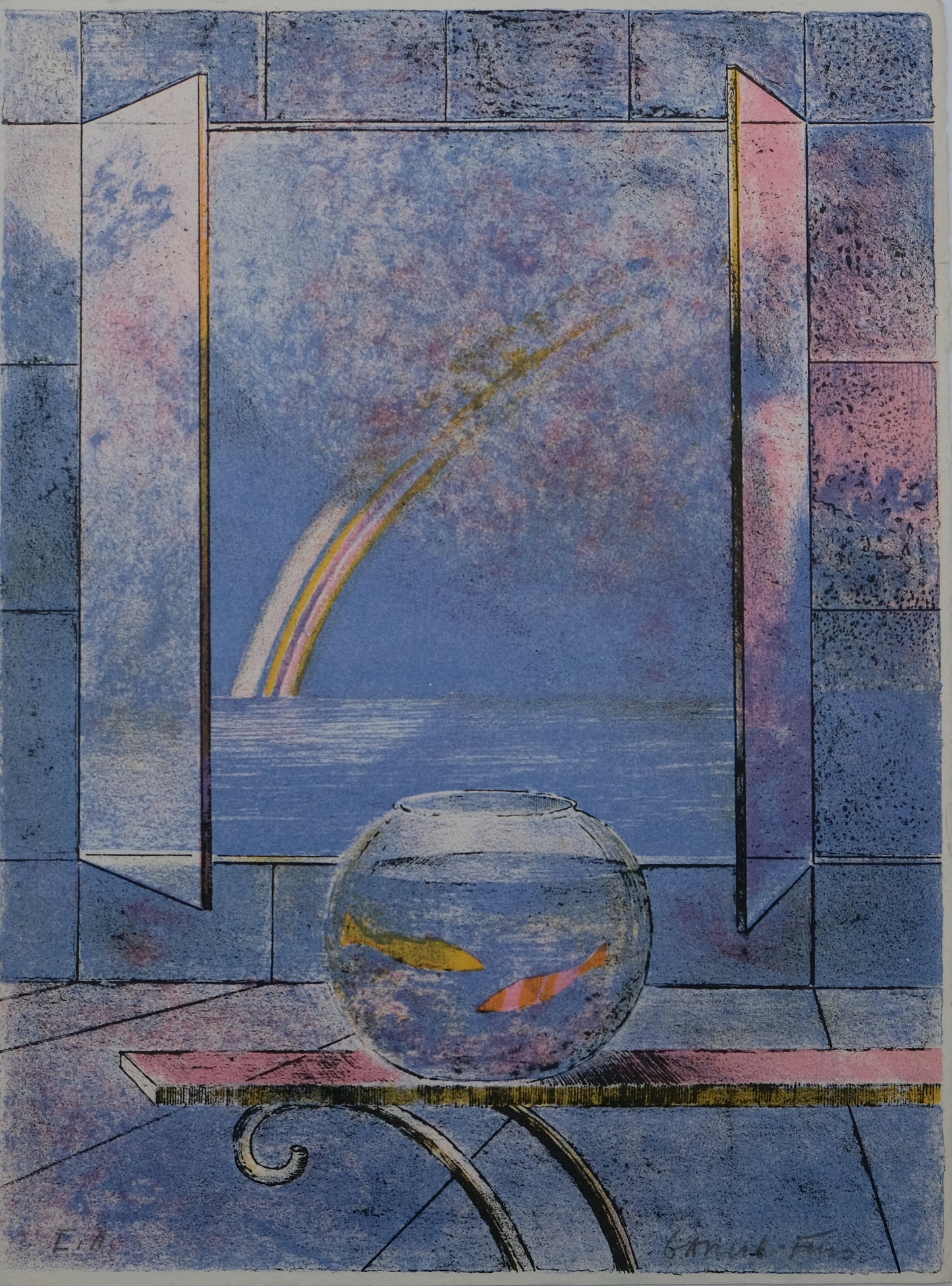 Pierre GARCIA FONS : Composition à la fenêtre Aqua - Lithographie originale signée