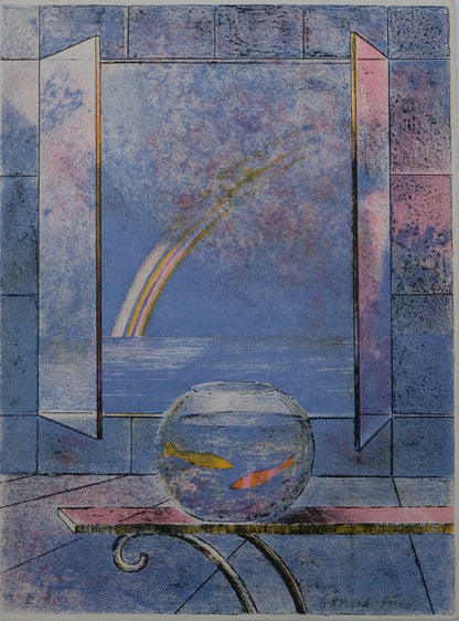 Pierre GARCIA FONS : Composition à la fenêtre Aqua - Lithographie originale signée