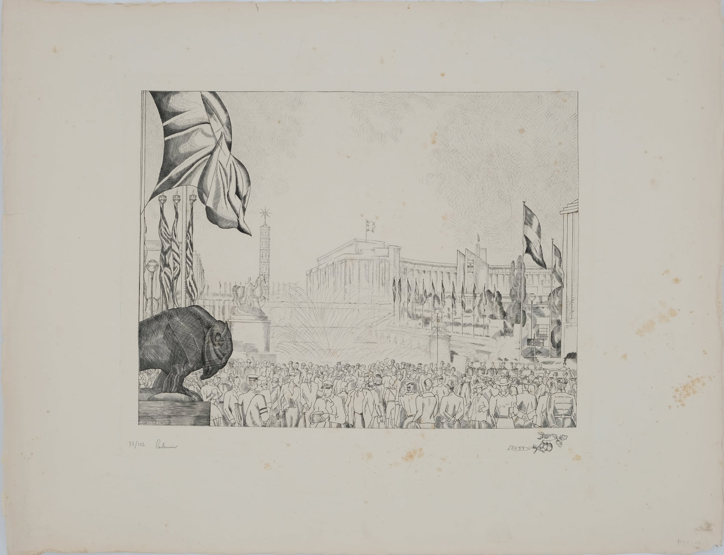 Jean Emile LABOUREUR : Les fontaines du Trocadéro - Gravure originale signée