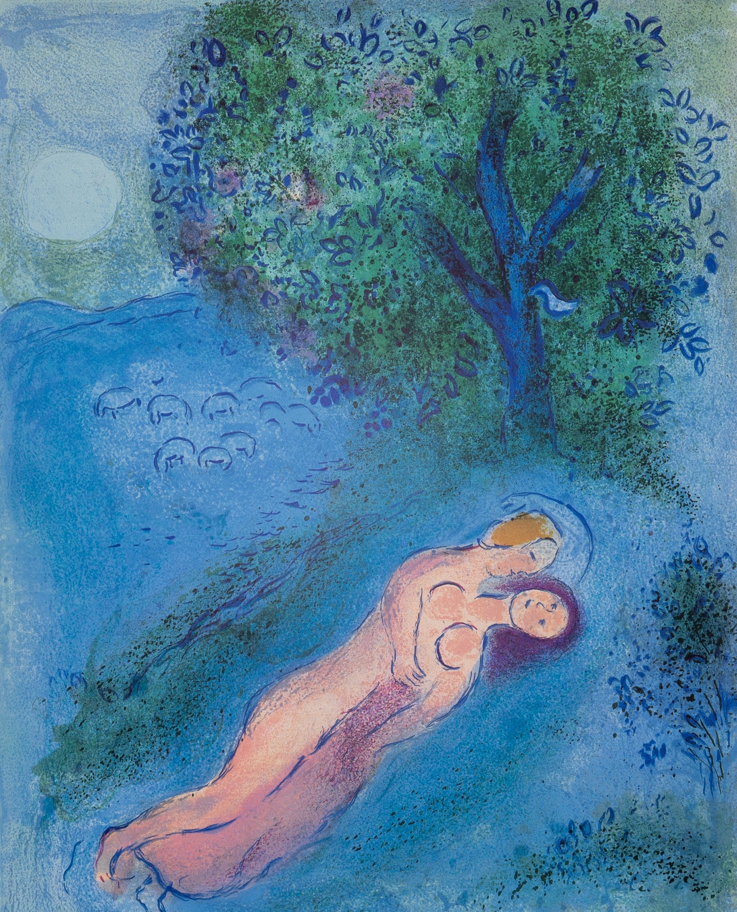 Marc CHAGALL : Les amoureux devant l'arbre, Philetas - Affiche en lithographie originale signée