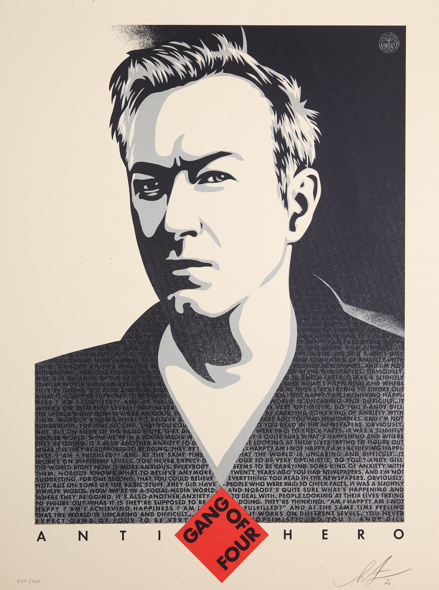 Shepard FAIREY (OBEY) : Andy Gill, Anti Hero - Lithographie originale signée